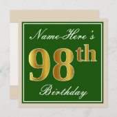 Elegant, groen, Faux Gold 98th Birthday + naam Kaart (Voorkant / Achterkant)