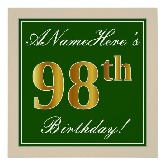 Elegant, groen, Faux Gold 98th Birthday + naam Perfect Poster (Voorkant)