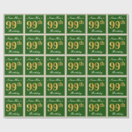 Elegant, groen, Faux Gold 99th Birthday + naam Cadeaupapier