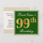 Elegant, groen, Faux Gold 99th Birthday + naam Kaart (Voorkant / Achterkant)