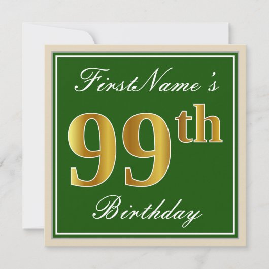 Elegant, groen, Faux Gold 99th Birthday + naam Kaart (Voorkant)