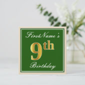 Elegant, groen, Faux Gold 9th Birthday + naam Kaart (Staand voorkant)