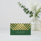 Elegant Groen Faux Goud Geometrisch Ontwerp Visitekaartje (Staand voorkant)