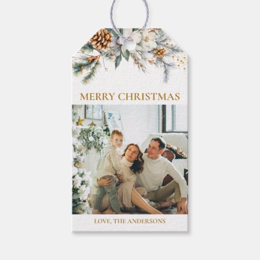 Elegant groen & foto | Mosterdgoud Kerstmis Cadeaulabel (Voorkant)