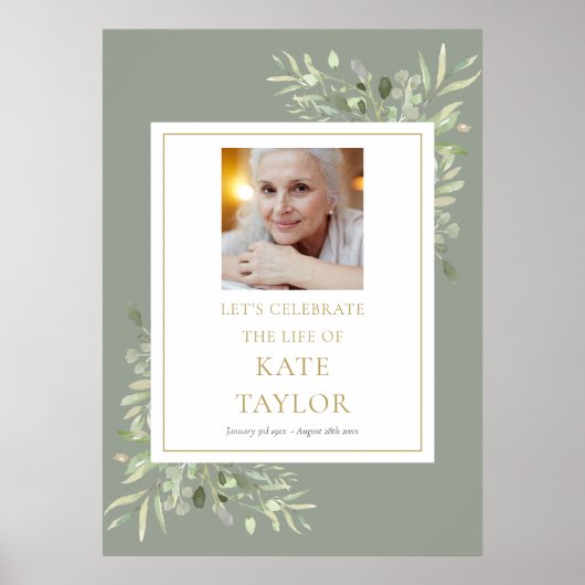Elegant groen foto viering van het leven bord poster (Voorkant)