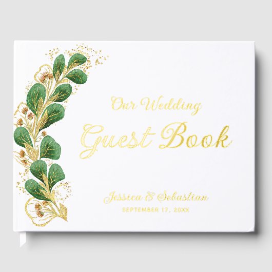 Elegant groen Foto wit en gouden bruiloft Gastenboek (Voorkant)