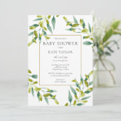 Elegant groen gebladerte Baby shower uitnodiging (Staand voorkant)