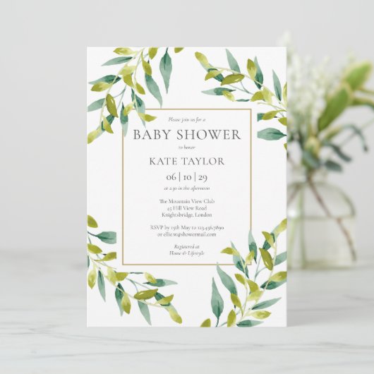 Elegant groen gebladerte Baby shower uitnodiging (Staand voorkant)
