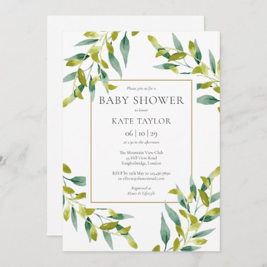 Elegant groen gebladerte Baby shower uitnodiging (Voorkant / Achterkant)