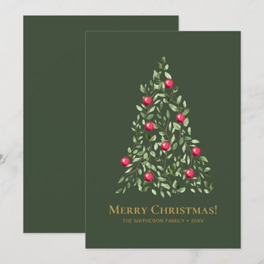Elegant groen gebladerte boom vrolijk kerstfeest feestdagenkaart (Voorkant / Achterkant)