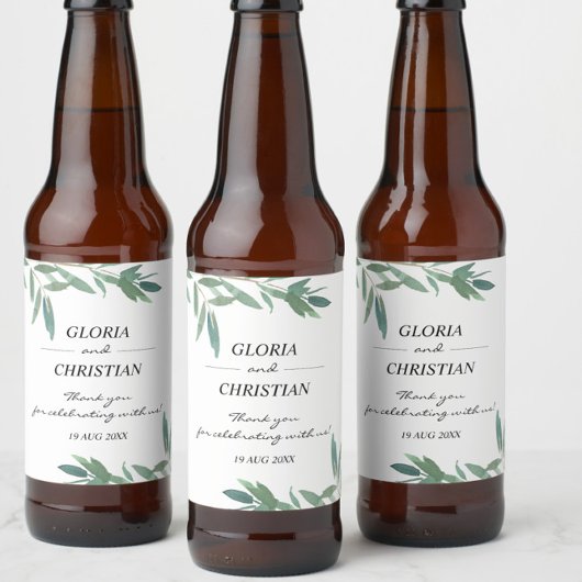 Elegant groen gebladerte bruiloft bier fles label etiket
