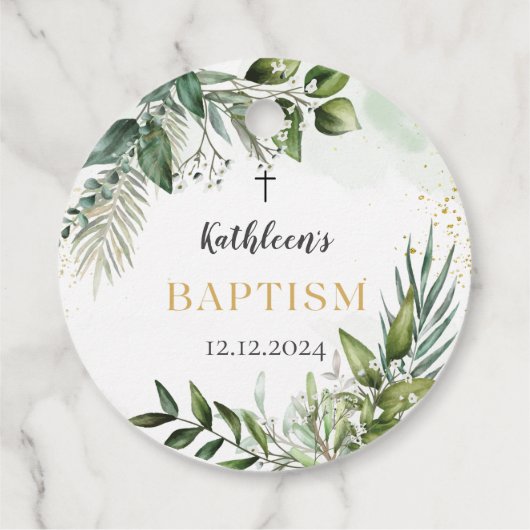 Elegant groen gebladerte doop bedankjes labels (Achterkant)