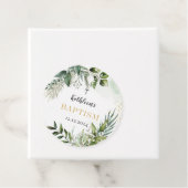 Elegant groen gebladerte doop bedankjes labels (In situ)