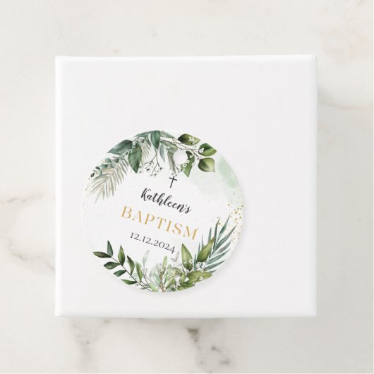 Elegant groen gebladerte doop bedankjes labels (In situ)