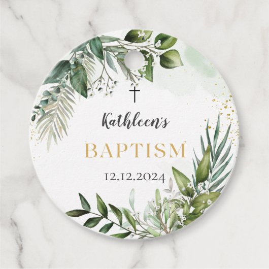 Elegant groen gebladerte doop bedankjes labels (Voorkant)