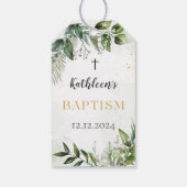 Elegant groen gebladerte doop cadeaulabel (Achterkant)