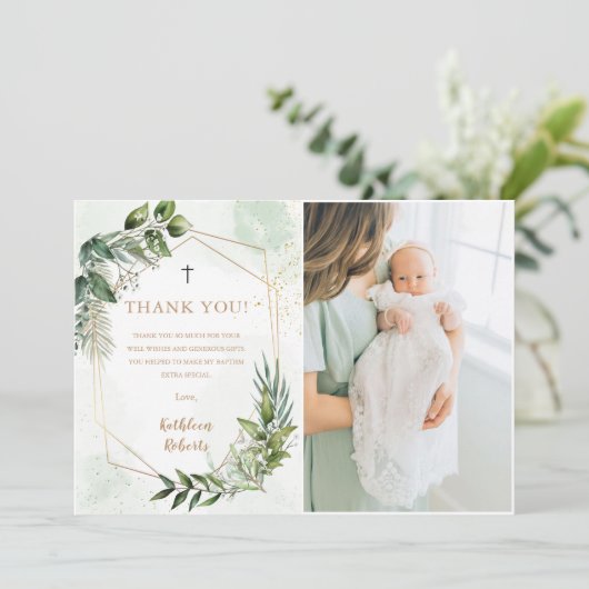 Elegant groen gebladerte doop dank u kaart (Staand voorkant)