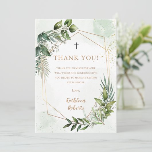 Elegant groen gebladerte doop dank u kaart (Staand voorkant)