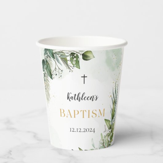 Elegant groen gebladerte doop papieren bekers (Achterkant)