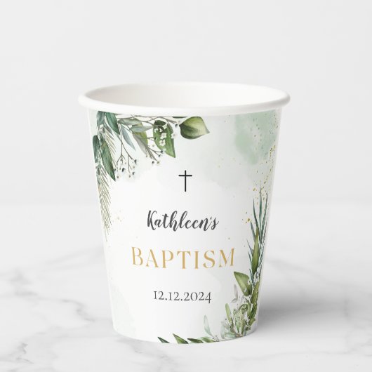 Elegant groen gebladerte doop papieren bekers (Voorkant)