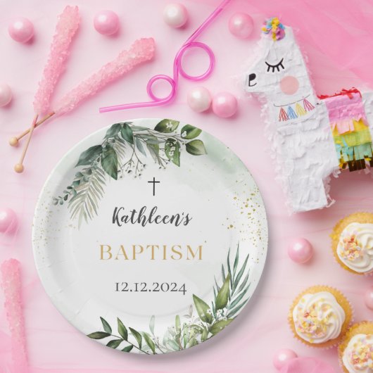 Elegant groen gebladerte doop papieren bordje (Feest)