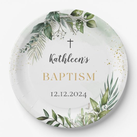 Elegant groen gebladerte doop papieren bordje (Voorkant)