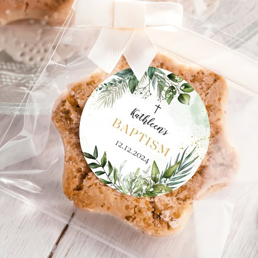 Elegant groen gebladerte doop ronde sticker