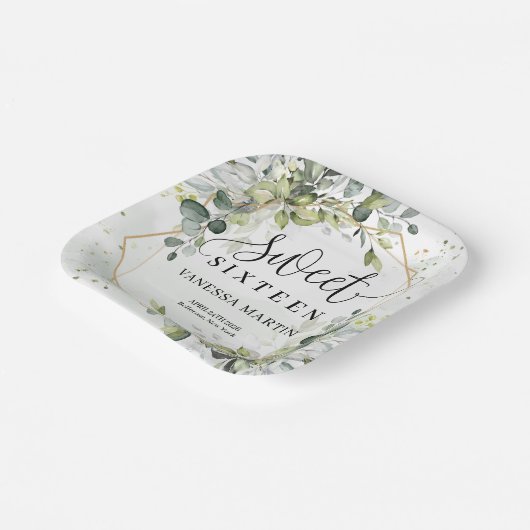 Elegant groen gebladerte faux goud zoet zestien papieren bordje (Gebogen)