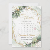 Elegant groen gebladerte goud geometrische kalende save the date (Voorkant)