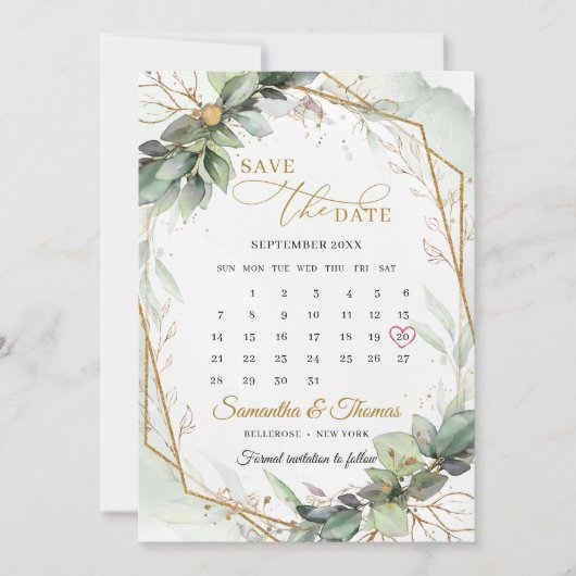 Elegant groen gebladerte goud geometrische kalende save the date (Voorkant)