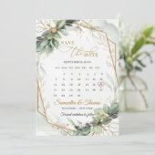 Elegant groen gebladerte goud geometrische kalende save the date (Staand voorkant)