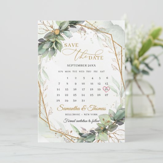 Elegant groen gebladerte goud geometrische kalende save the date (Staand voorkant)