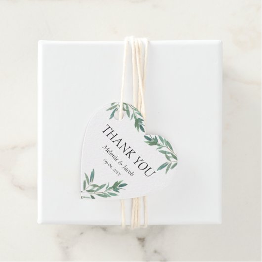 Elegant groen gebladerte hart bedankjes labels (In situ)