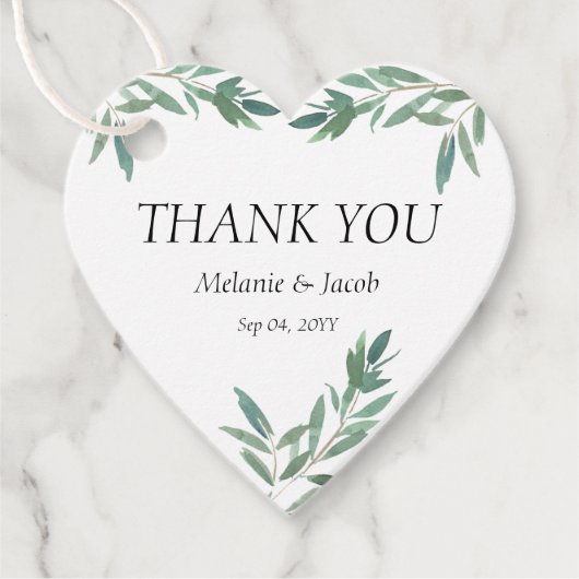 Elegant groen gebladerte hart bedankjes labels (Voorkant)