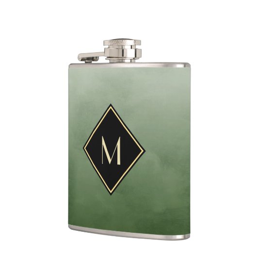 Elegant groen geborsteld met eenvoudig goudmonogra heupfles (Links)