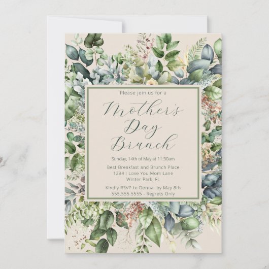 Elegant groen gedempte bloemen Moederdag brunch Kaart (Voorkant)