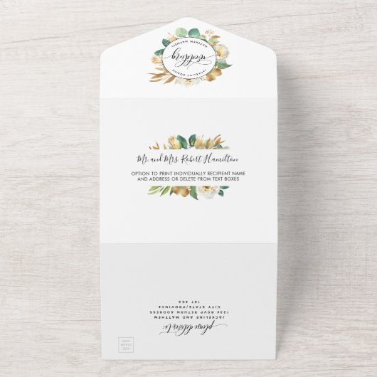 Elegant groen geel bruiloft w / geperforeerde RSVP All In One Uitnodiging (Buitenkant)