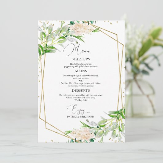 Elegant groen geometrisch bruiloft menu Kaart (Staand voorkant)