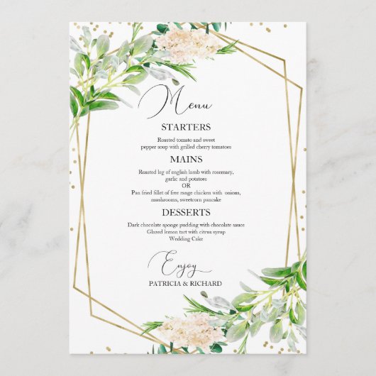 Elegant groen geometrisch bruiloft menu Kaart (Voorkant)
