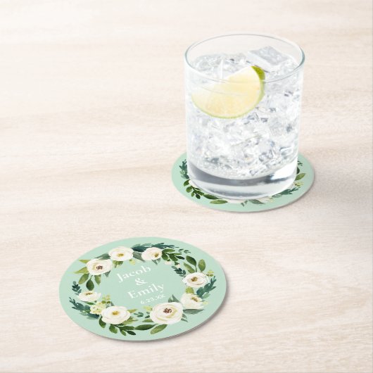 Elegant groen gepersonaliseerde namen Mint bruilof Ronde Kartonnen Onderzetter (Insitu)