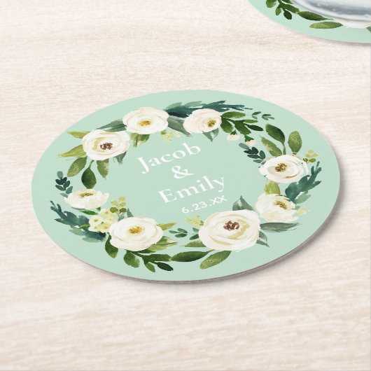 Elegant groen gepersonaliseerde namen Mint bruilof Ronde Kartonnen Onderzetter (Gebogen)