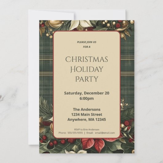 Elegant groen geplakt rood poinsettia kerstfeest kaart (Voorkant)