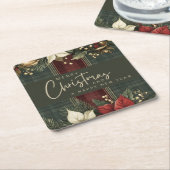 Elegant groen geplakt rood poinsettia vrolijk kers kartonnen onderzetters (Schuin)