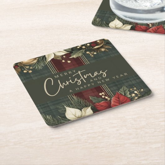 Elegant groen geplakt rood poinsettia vrolijk kers kartonnen onderzetters (Schuin)