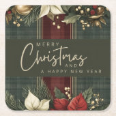 Elegant groen geplakt rood poinsettia vrolijk kers kartonnen onderzetters (Voorkant)