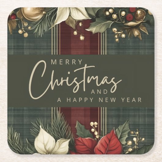 Elegant groen geplakt rood poinsettia vrolijk kers kartonnen onderzetters (Voorkant)