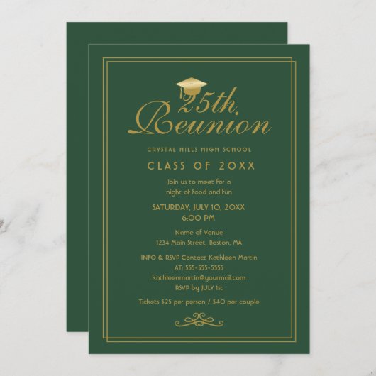 Elegant groen goud 25e klas reünie kaart (Voorkant / Achterkant)