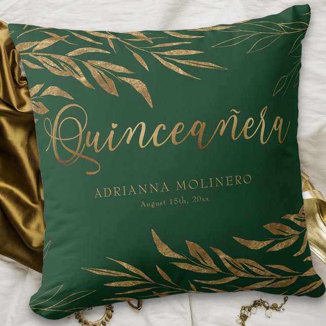 Elegant Groen Goud Blad Gepersonaliseerd Quinceane Kussen (Personalized Emerald Green Quinceanera keepsake pillow from my Gold Leaf Quincea)