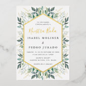 Elegant groen goud bladeren Nuestra Boda bruiloft Folie Uitnodiging (Voorkant)