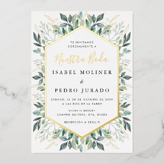 Elegant groen goud bladeren Nuestra Boda bruiloft Folie Uitnodiging (Voorkant)